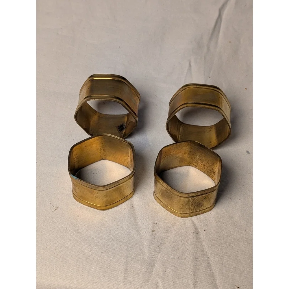 Vintage Brass Napkin Rings Set of 4 Hexagon Gold Tone Made in India Mid Century